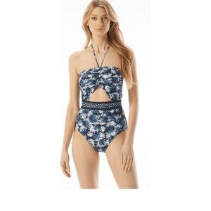 NWT Michael Kors navy mix palm bandeau cutout one piece swim
